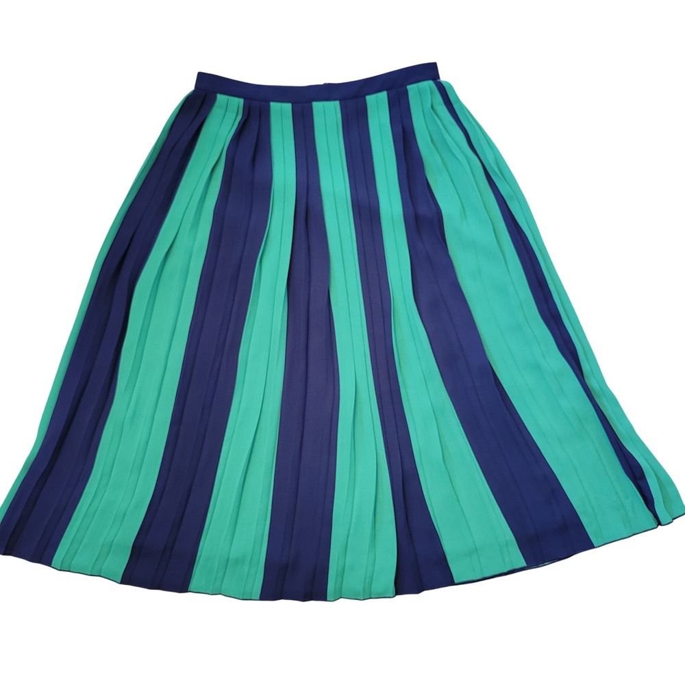 J Crew 6 Pleated Midi Skirt Navy Green Vertical Stripe Modest Preppy Coastal